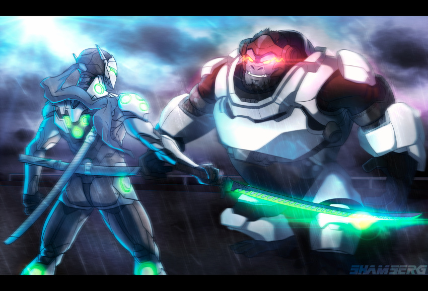 2boys, artist_name, ass, commentary, crispin_freeman, cyborg, english_commentary, genji_(overwatch), glowing, glowing_eyes, glowing_sword, glowing_weapon, gorilla, highres, holding, holding_sword, holding_weapon, katana, metal_gear_(series), metal_gear_rising:_revengeance, multiple_boys, overwatch, parody, raiden_(metal_gear), red_eyes, shamserg, sundowner_(metal_gear_rising), sword, trait_connection, voice_actor_connection, weapon, winston_(overwatch)