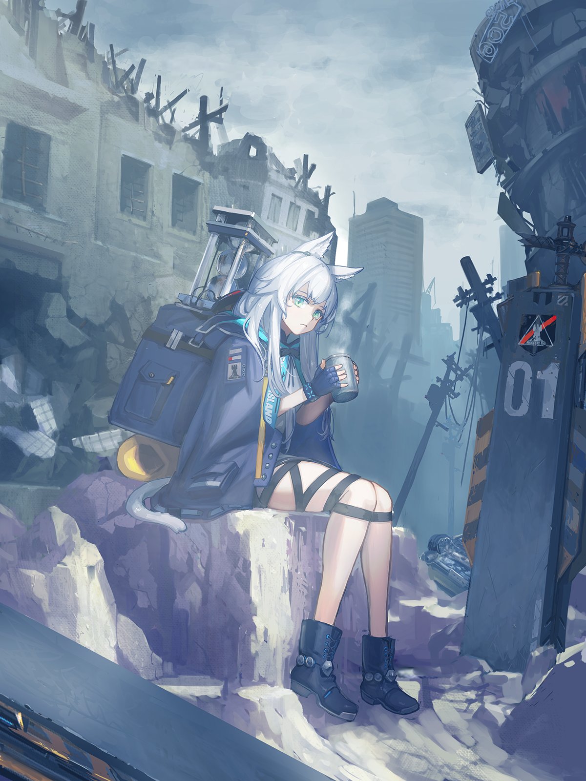 1girl, animal_ears, arknights, bangs, boots, cat_ears, cat_girl, cat_tail, cloak, closed_mouth, earpiece, fingerless_gloves, gloves, green_eyes, highres, hood, hood_down, hooded_cloak, infection_monitor_(arknights), long_hair, morineko_roku, rhodes_island_logo, rosmontis_(arknights), silver_hair, sitting, slit_pupils, solo, tail, thigh_strap