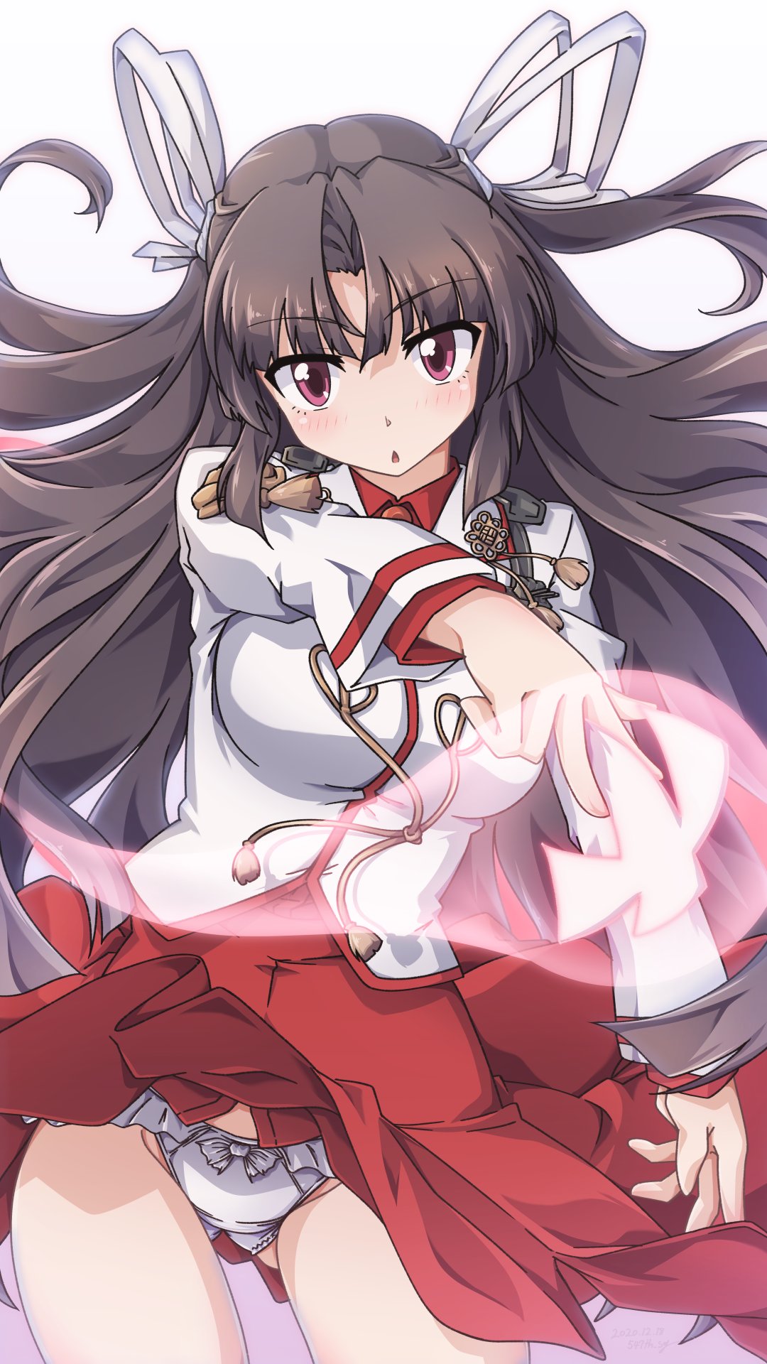 1girl, 547th_sy, ass_visible_through_thighs, aura, black_hair, blouse, breasts, clothes_lift