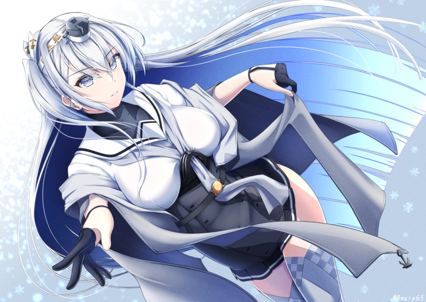 1girl, black_gloves, black_skirt, breasts, fuyutsuki_(kancolle), gloves, grey_eyes, grey_neckerchief