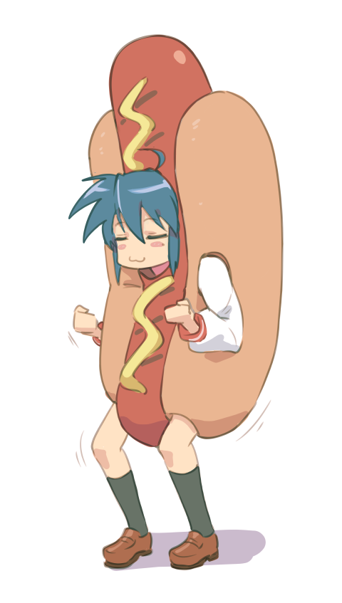 :3, ahoge, alternate_costume, blue_eyes, blush_stickers, closed_eyes, closed_mouth, full_body, hot_dog, hot_dog_costume, izumi_konata, kneehighs, loafers, lucky_star, medium_hair, mole, mole_under_eye, motion_lines, shadow, shoes, simple_background, socks, standing, tyrone, white_background