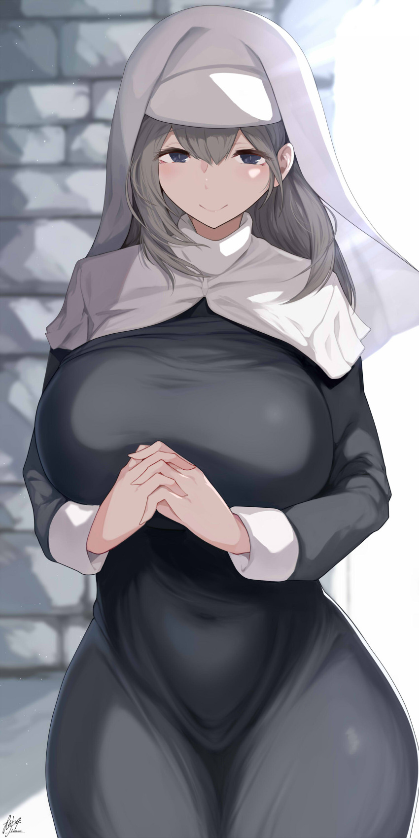 1girl, absurdres, bangs, black_robe, blurry, blurry_background, breasts, commentary_request, covered_navel, cowboy_shot, grey_hair, habit, hair_between_eyes, highres, himuka_(523), huge_breasts, interlocked_fingers, long_hair, looking_at_viewer, nun, original, own_hands_together, robe, signature, smile, solo, speech_bubble, violet_eyes