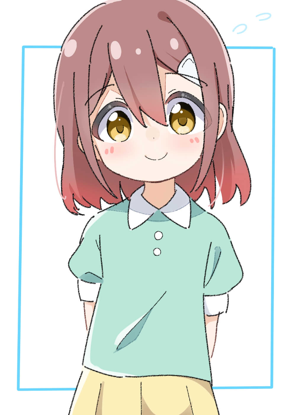 1girl, arms_behind_back, bangs, blush, brown_eyes, brown_hair, closed_mouth, collared_shirt