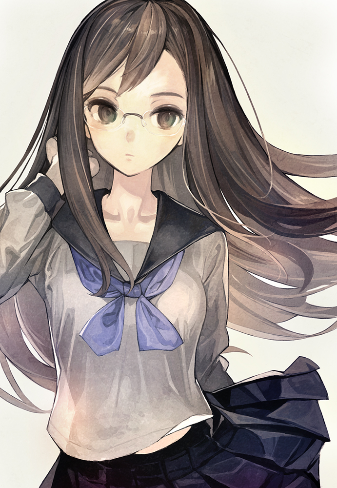 1girl, black_eyes, black_hair, black_sailor_collar, black_skirt, collarbone, glasses, grey_shirt