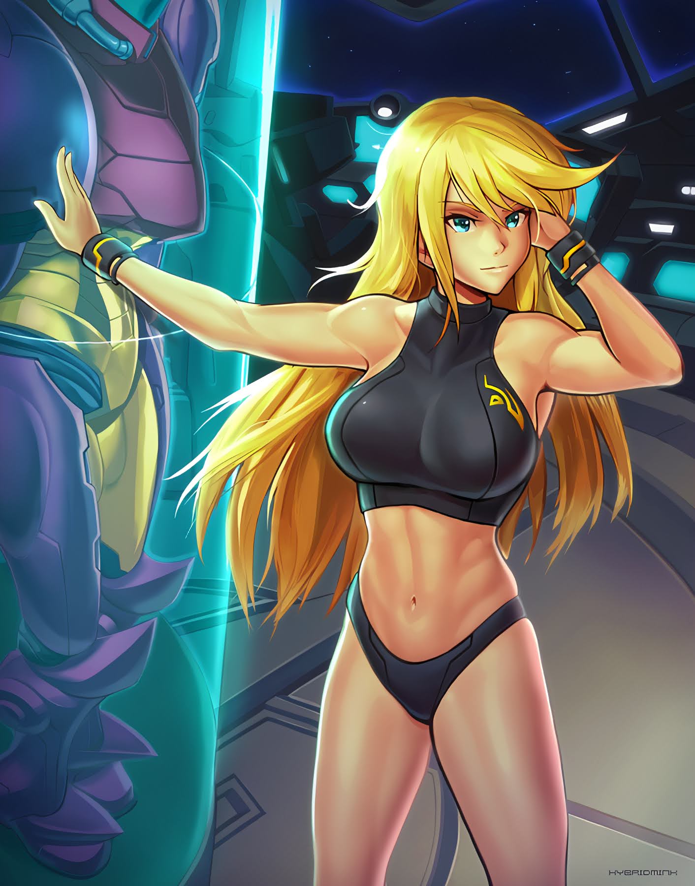 1girl, abs, adjusting_hair, armpits, bare_shoulders, biceps, black_bra, black_panties