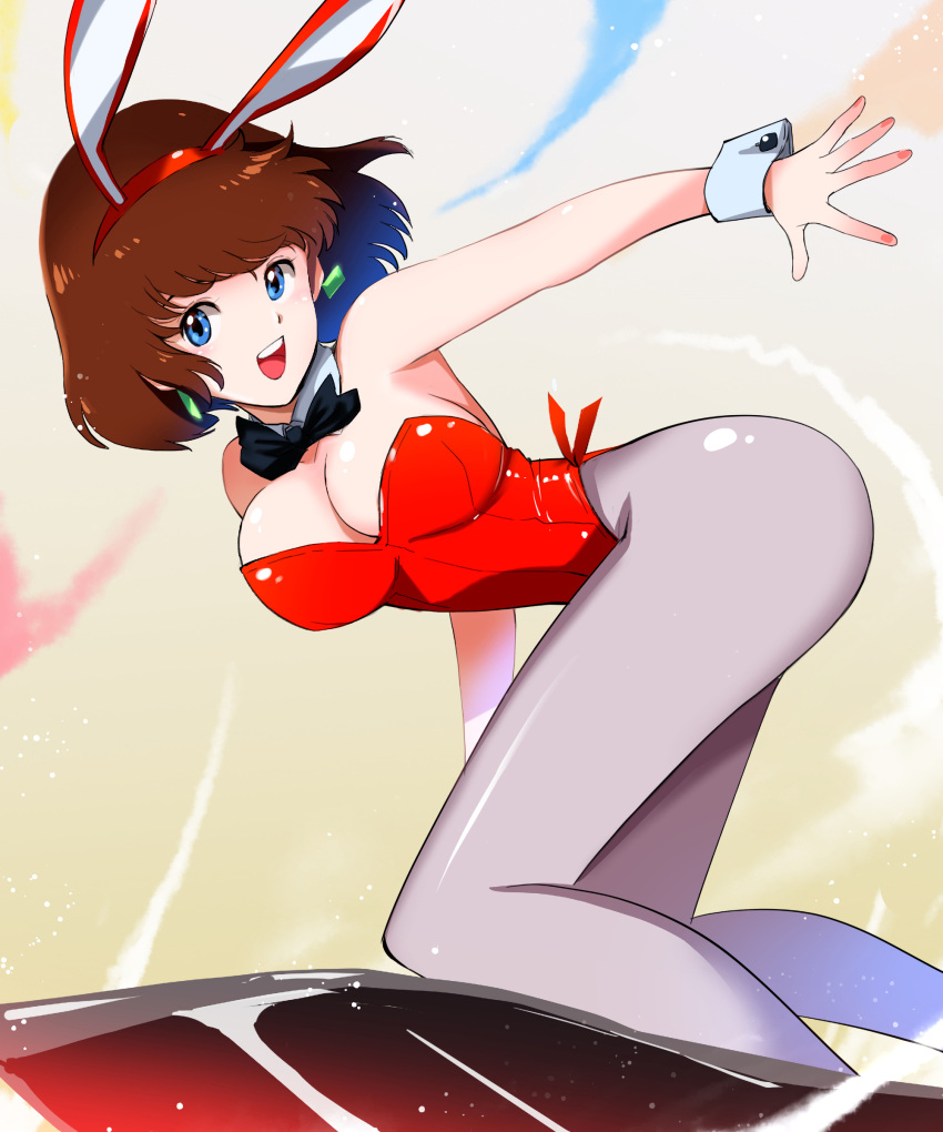 1girl, absurdres, animal_ears, black_bow, black_bowtie, blue_eyes, bow, bowtie, brown_hair, daicon_bunny_girl, daicon_iv, detached_collar, earrings, feet_out_of_frame, highres, jewelry, leotard, looking_at_viewer, pantyhose, playboy_bunny, purple_legwear, rabbit_ears, rabbit_tail, red_leotard, short_hair, solo, surfing, sword_surfing, tail, tanaka_yutaka, wrist_cuffs