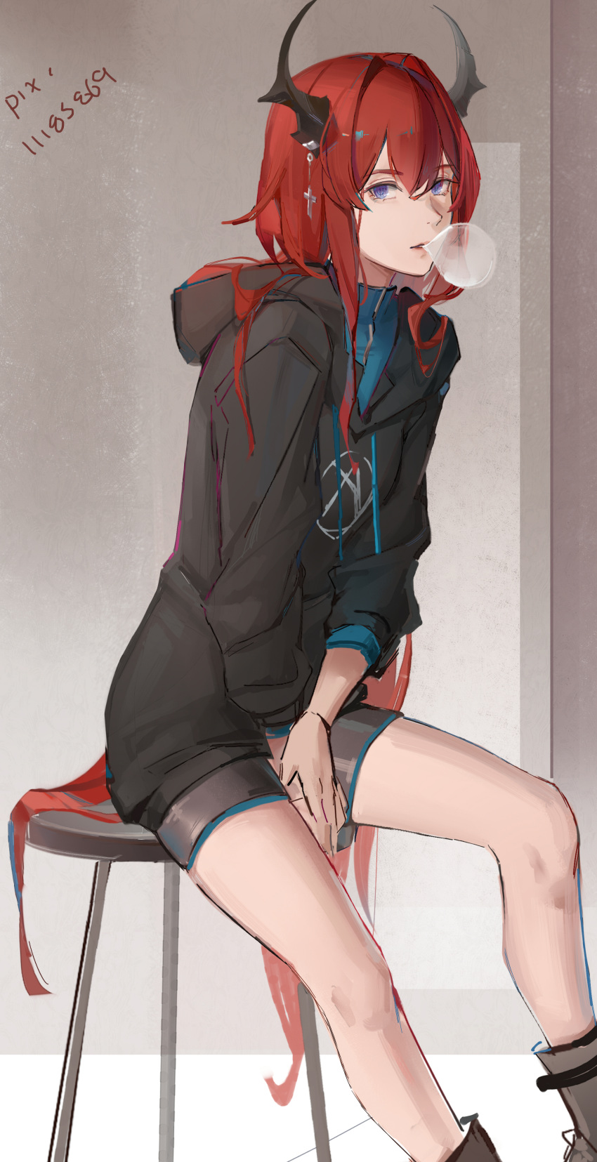 1girl, absurdres, arknights, bangs, black_hoodie, blue_shirt, cross, demon_horns