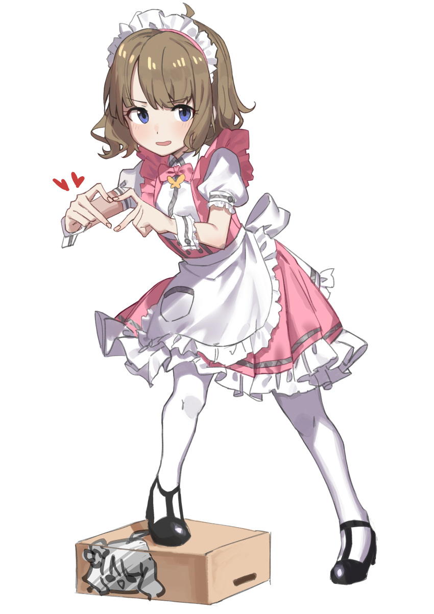 1girl, absurdres, ahoge, apron, black_footwear, blue_eyes, blush, box, brown_hair, dress, eyebrows_visible_through_hair, frilled_dress, frills, full_body, haruyuki_(gffewuoutgblubh), heart, heart_hands, highres, idolmaster, idolmaster_million_live!, looking_at_viewer, maid, maid_apron, maid_headdress, open_mouth, pink_dress, shoes, simple_background, solo, standing_on_box, suou_momoko, white_background, white_legwear, wrist_cuffs