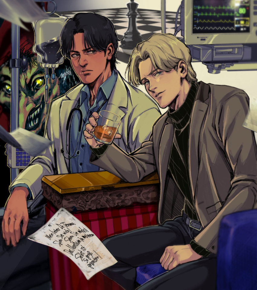 2boys, angry, black_hair, black_pants, blonde_hair, blue_eyes, blue_shirt, board_game