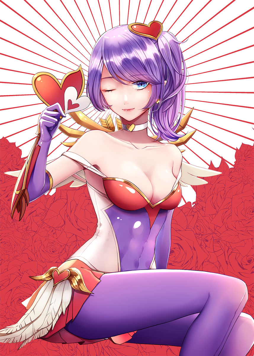 blue_eyes, bow_(weapon), flower, heart, heartseeker_quinn, highres, league_of_legends, pink_hair, quinn_(league_of_legends), rose, skyline, thigh-highs, thighs, weapon, wings