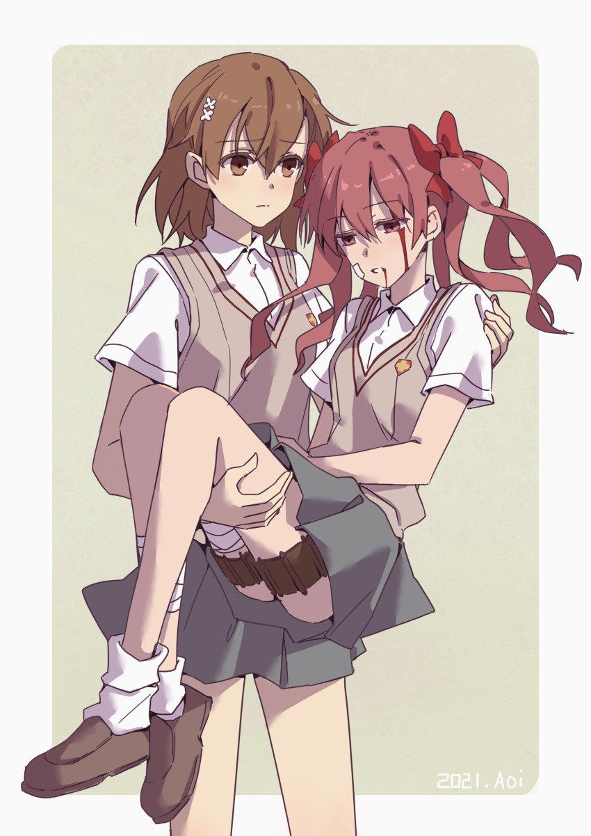 2girls, absurdres, bandages, blood, brown_eyes, brown_footwear, brown_hair, carrying