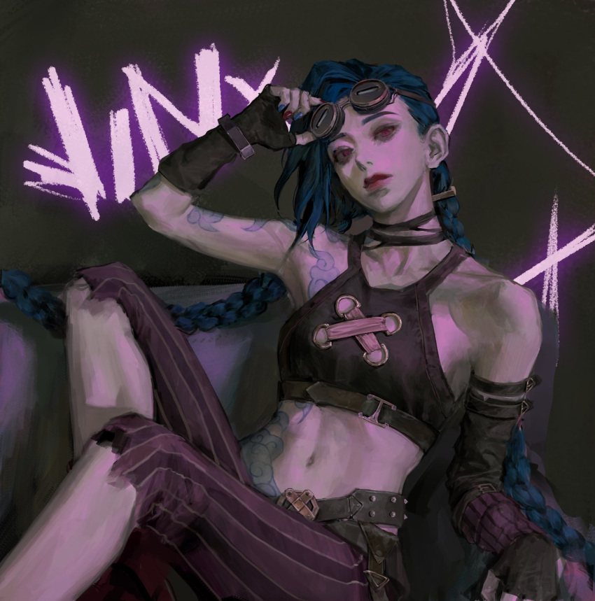 1girl, arcane:_league_of_legends, ateli_er, bare_shoulders, blue_hair, braid, breasts, chair, commentary_request, feet_out_of_frame, full_body, gloves, highres, jinx_(league_of_legends), league_of_legends, long_hair, looking_at_viewer, sitting, small_breasts, solo, tattoo, thigh-highs, twin_braids
