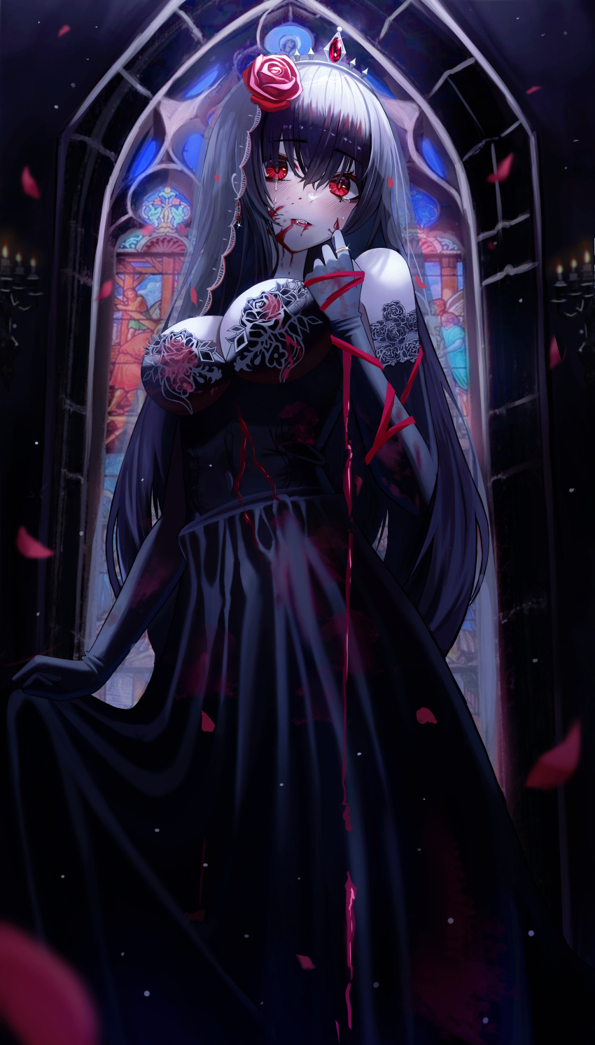 1girl, absurdres, black_dress, black_hair, blood, blood_on_face, blood_stain, blood_trail, crown, crying, crying_with_eyes_open, dress, flower, gloves, hair_flower, hair_ornament, highres, original, poise, red_eyes, rose, solo, tears, vampire, veil