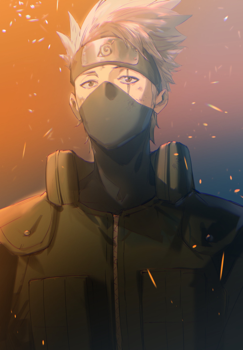 1boy, absurdres, ashorz, black_mask, commentary, covered_mouth, embers, green_eyes