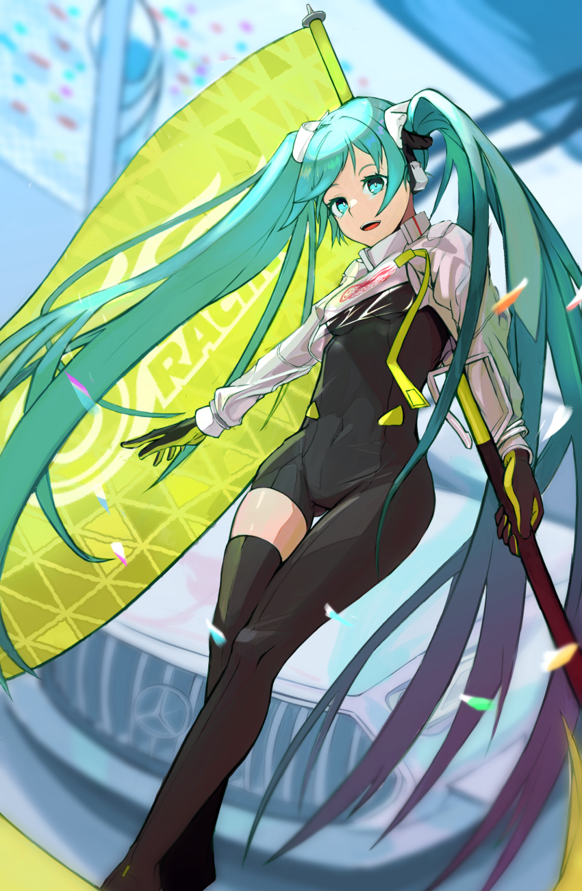1girl, 999_ducati, :d, absurdres, aqua_hair, asymmetrical_legwear, black_bodysuit, black_gloves