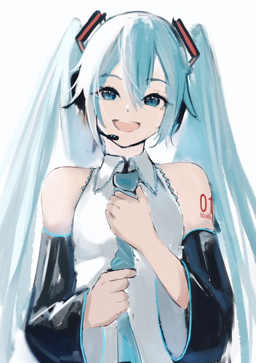 1girl, :d, absurdres, adjusting_clothes, adjusting_necktie, arm_tattoo, bangs, black_sleeves