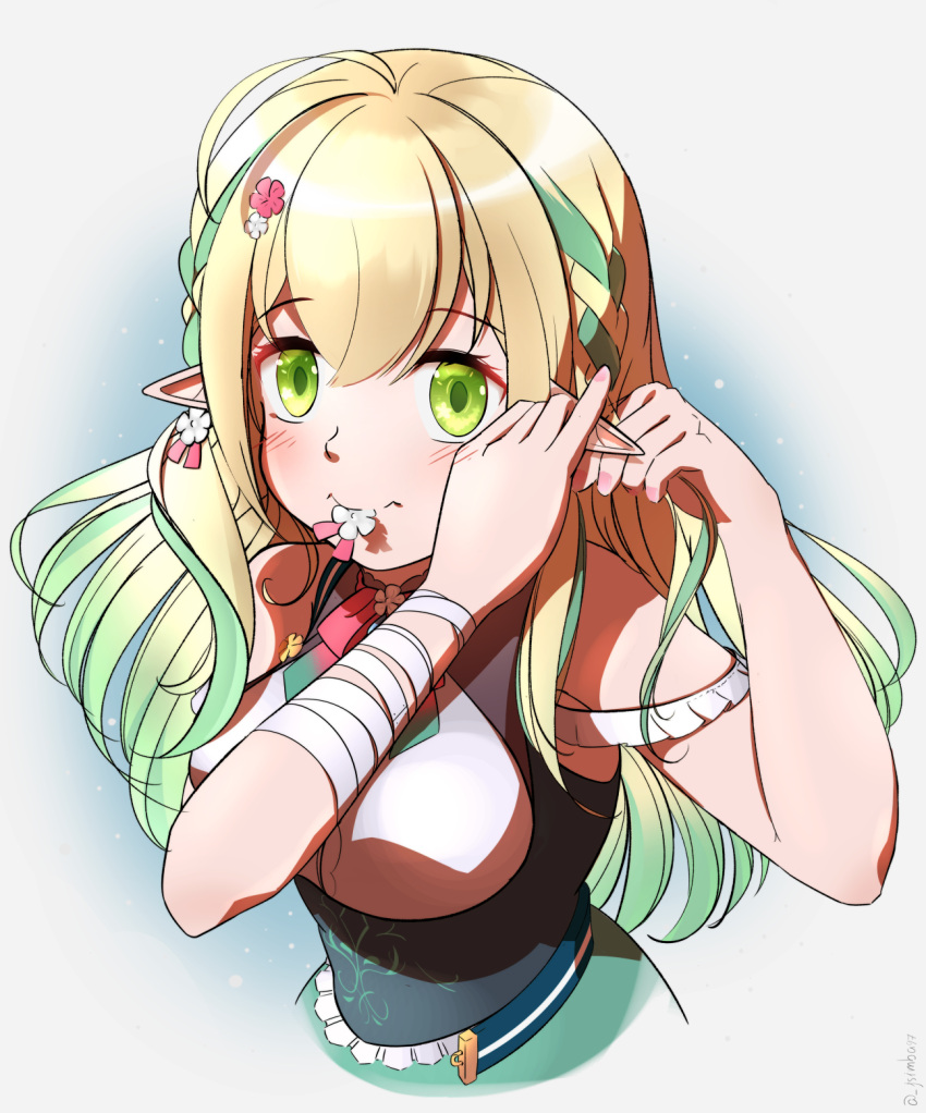 1girl, adjusting_hair, ahoge, arms_up, bandaged_arm, bandages, bangs, bare_shoulders, belt, blonde_hair, blush, braid, braiding_hair, breasts, dress, elf, eyebrows_visible_through_hair, flower, frills, gradient_hair, green_eyes, green_hair, hair_flower, hair_ornament, hairdressing, highres, juansimba97, long_hair, looking_at_viewer, medium_breasts, multicolored_hair, neck_ribbon, open_belt, pink_flower, pointy_ears, ribbon, saohime_yue, shirt, side_braid, sidelocks, sleeveless, sleeveless_dress, sleeveless_shirt, solo, twitter_username, underbust, upper_body, virtual_youtuber, wactor_production, white_flower, white_shirt
