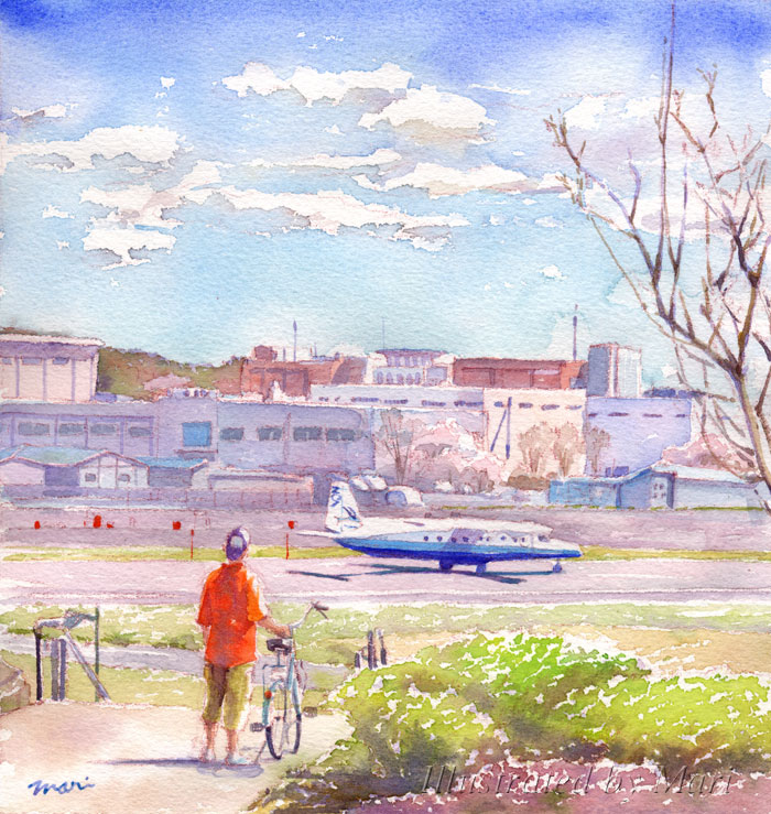 1boy, aircraft, airfield, airplane, architecture, artist_name, bare_tree, blue_sky, building, clouds, cloudy_sky, commentary_request, day, grass, hat, marine-island, mountain, outdoors, painting_(medium), real_life, real_world_location, scenery, signature, sky, solo, traditional_media, tree, watercolor_(medium), wide_shot