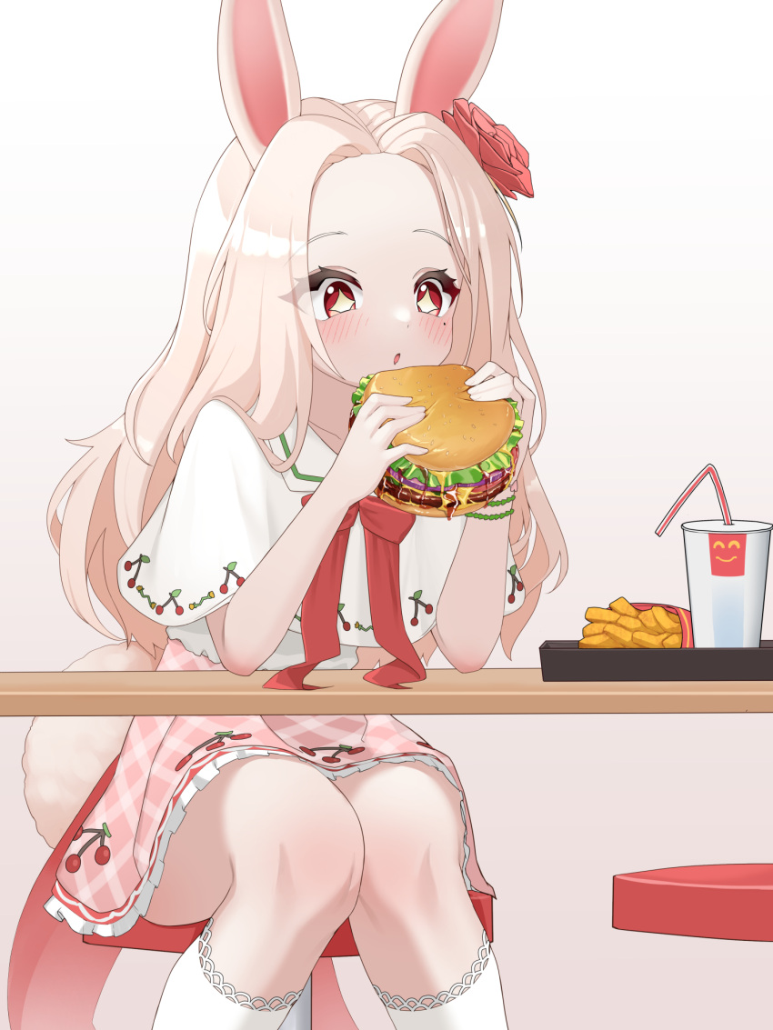 1girl, animal_ears, brokan715, brown_hair, burger, commission, cup, disposable_cup, dress, drinking_straw, eating, fast_food, flower, food, forehead, french_fries, hair_flower, hair_ornament, highres, kneehighs, long_hair, original, pink_dress, rabbit_ears, rabbit_girl, rabbit_tail, red_eyes, rose, shirt, short_sleeves, sitting, solo, stool, table, tail, white_legwear, white_shirt