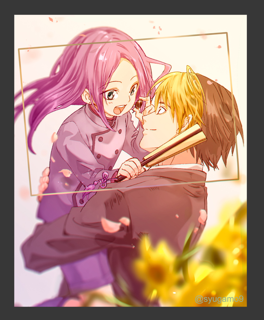 2boys, :d, alternate_universe, bangs, black_border, black_hair, blazer, blonde_hair