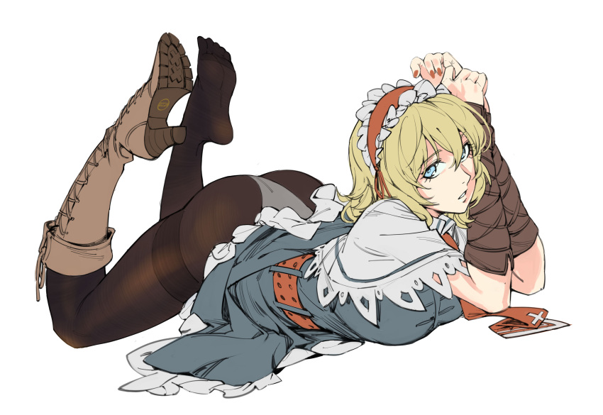 1girl, alice_margatroid, ascot, bangs, belt, black_legwear, blonde_hair, blue_dress