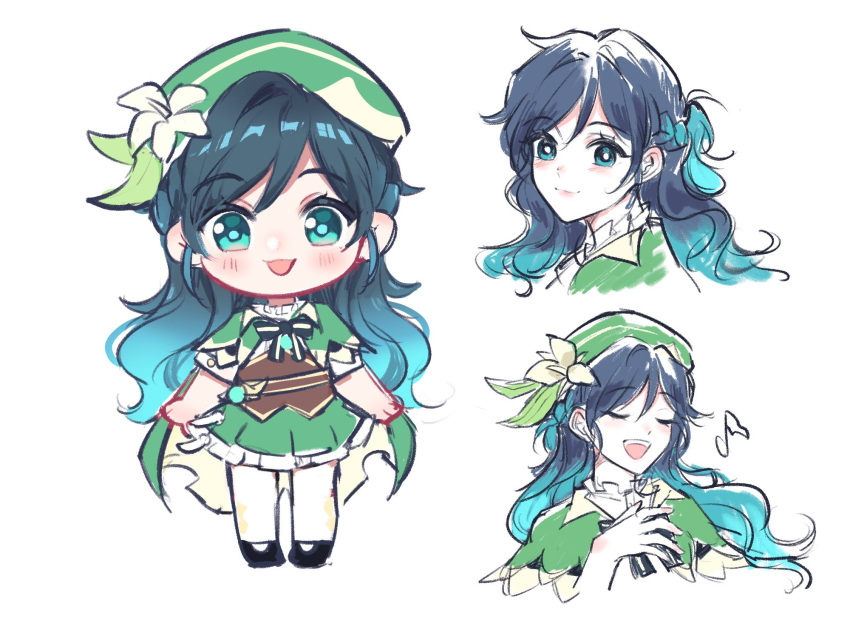 1girl, aqua_eyes, bangs, bard, beret, black_footwear, black_hair, blue_hair, blush, braid, cape, chibi, choryorrrrrr, closed_eyes, collared_cape, commentary_request, flower, genderswap, genderswap_(mtf), genshin_impact, gradient_hair, green_cape, green_headwear, green_skirt, hat, hat_flower, highres, loafers, long_hair, multicolored_hair, multiple_views, music, musical_note, pantyhose, shoes, short_sleeves, side_braid, singing, skirt, smile, thai_commentary, venti_(genshin_impact), white_flower, white_legwear