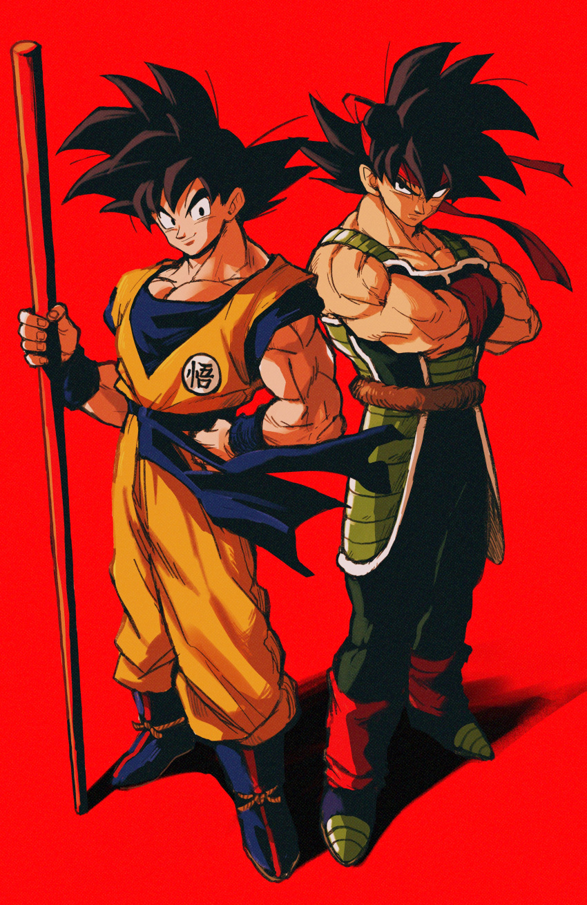 2boys, absurdres, armor, bardock, black_eyes, black_hair, dougi, dragon_ball