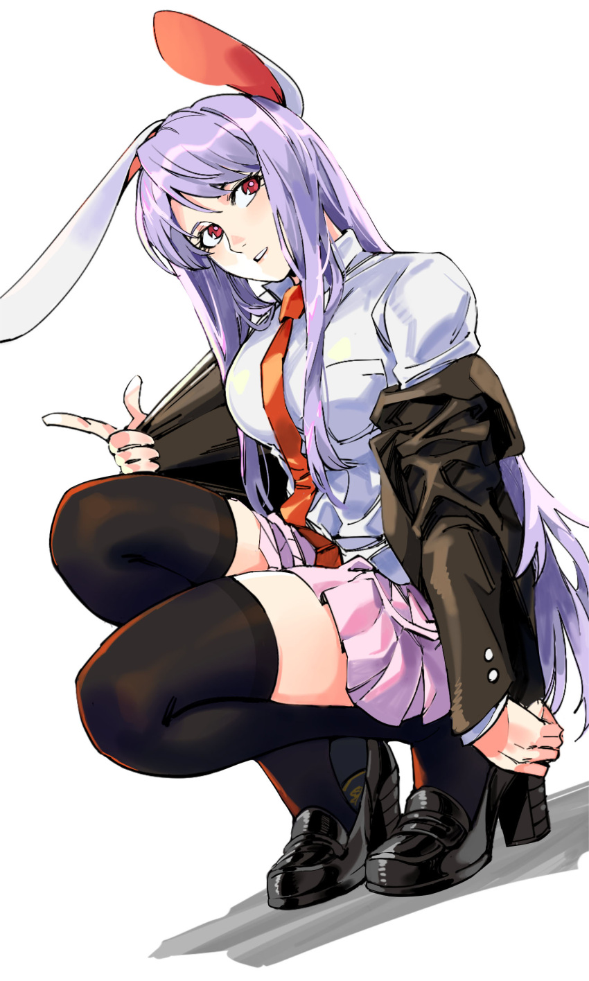 1girl, absurdres, animal_ears, bangs, black_footwear, black_jacket, black_legwear, blazer, blouse, boots, buttons, collared_blouse, dutch_angle, expressionless, full_body, highres, index_finger_raised, jacket, long_hair, long_necktie, long_sleeves, looking_to_the_side, medium_skirt, nose, open_clothes, open_jacket, parted_lips, pink_skirt, pleated_skirt, purple_hair, rabbit_ears, red_eyes, red_neckwear, reisen_udongein_inaba, ruukii_drift, shiny, shiny_hair, sidelocks, simple_background, skirt, solo, squatting, swept_bangs, teeth, thigh-highs, thighs, touhou, upper_teeth, very_long_hair, white_background, white_blouse