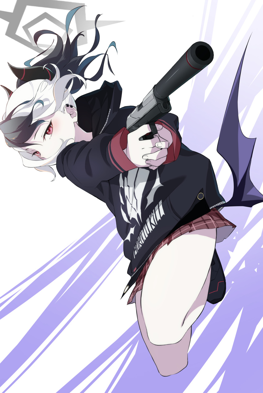 1girl, absurdres, aiming, bare_legs, black_footwear, black_hair, black_hoodie, blue_archive