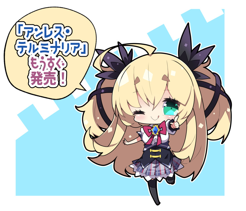 1girl, ;q, ahoge, bangs, black_legwear, blonde_hair, blue_background, blush
