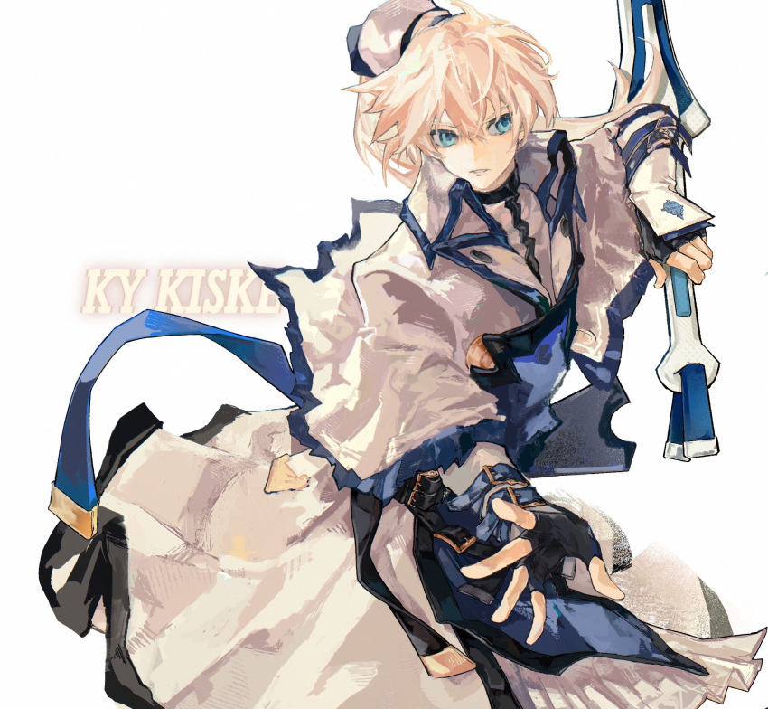 1boy, belt, black_gloves, blonde_hair, blue_eyes, character_name, fighting_stance, fingerless_gloves