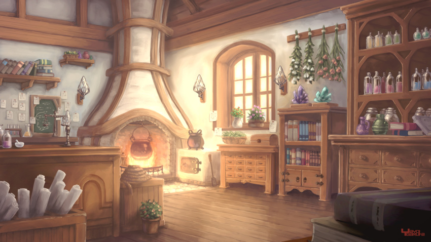 architecture, book, bookshelf, bottle, cabinet, chimney, commentary_request, curtains, garutaisa, gem, highres, indoors, no_humans, original, plant, pot, potted_plant, quartz_(gemstone), scenery, still_life, window, wooden_floor