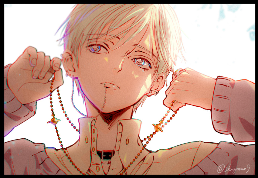1boy, bangs, beads, black_border, blonde_hair, blue_eyes, blurry, border