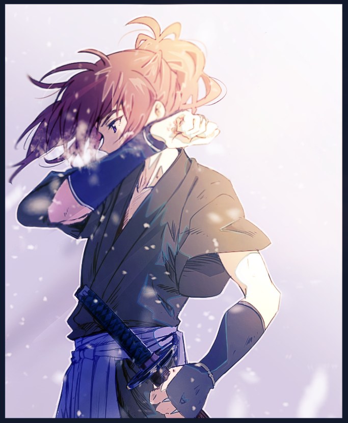 1boy, arm_guards, bangs, black_border, border, breath, bruise, cold, covered_mouth, cowboy_shot, floating_hair, from_side, grey_background, hakama, hand_up, himura_kenshin, holding, holding_sword, holding_weapon, injury, japanese_clothes, katana, kuo_tasuku, long_hair, male_focus, motion_blur, ponytail, profile, redhead, rurouni_kenshin, short_sleeves, snowing, solo, sword, violet_eyes, weapon, wind, wiping_face, younger