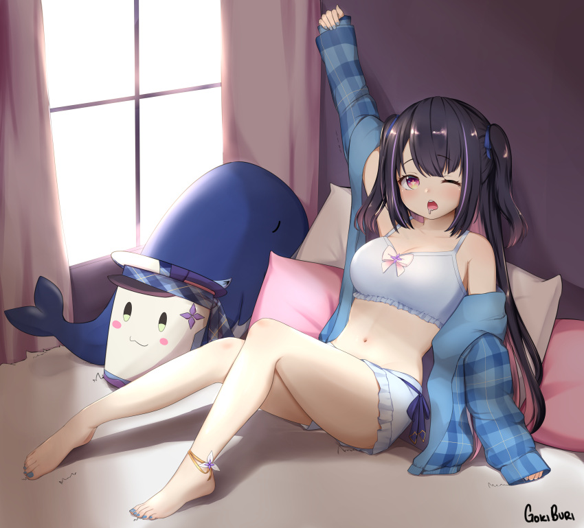 1girl, :3, absurdres, anklet, arm_support, artist_name, barefoot, bedroom