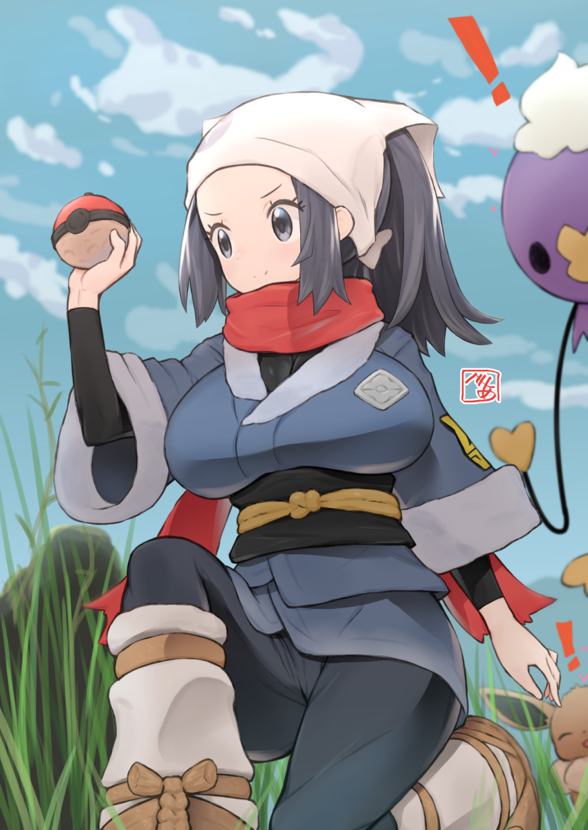 !, 1girl, akari_(pokemon), alternate_breast_size, bea_(bropmlk), black_undershirt, blue_eyes, blue_hair, breasts, clouds, commentary, day, drifloon, eevee, floating_scarf, galaxy_expedition_team_survey_corps_uniform, grass, hand_up, head_scarf, highres, holding, holding_poke_ball, large_breasts, one_knee, outdoors, pantyhose, poke_ball, poke_ball_(legends), pokemon, pokemon_(creature), pokemon_(game), pokemon_legends:_arceus, red_scarf, scarf, sky