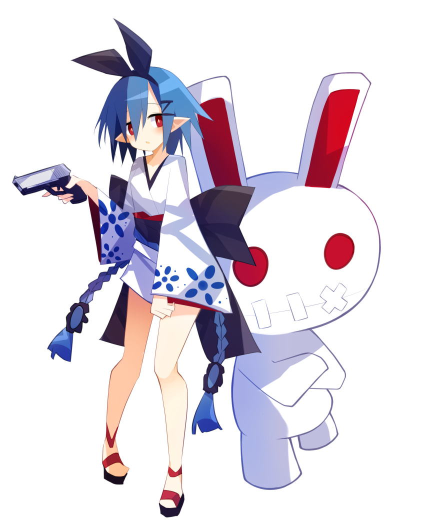 1girl, absurdres, blue_hair, blush, braid, disgaea, fang, full_body, gun, hair_over_one_eye, hairband, highres, holding, holding_gun, holding_weapon, japanese_clothes, kimono, looking_at_viewer, makai_senki_disgaea, nanozenzen, open_mouth, pleinair, pointy_ears, rabbit, red_eyes, short_hair, simple_background, solo, twin_braids, usagi-san, weapon, white_background