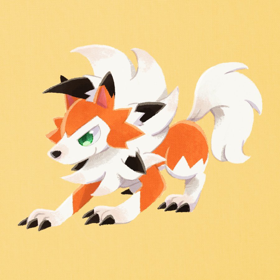 animal_focus, claws, closed_mouth, commentary_request, from_side, full_body, green_eyes, lycanroc