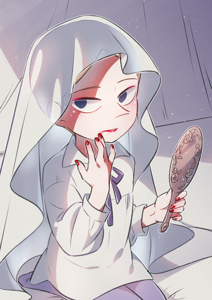 1boy, bangs, blonde_hair, blue_eyes, collared_shirt, commentary_request, daida, girly_boy, hand_up, holding, holding_mirror, indoors, lipstick, looking_to_the_side, makeup, male_focus, mirror, nail_polish, neck_ribbon, nikomi_(nikomix), ousama_ranking, pantyhose, parted_bangs, parted_lips, pointy_nose, purple_legwear, purple_ribbon, red_lips, red_nails, ribbon, shirt, short_hair, sitting, smeared_lipstick, solo, white_shirt
