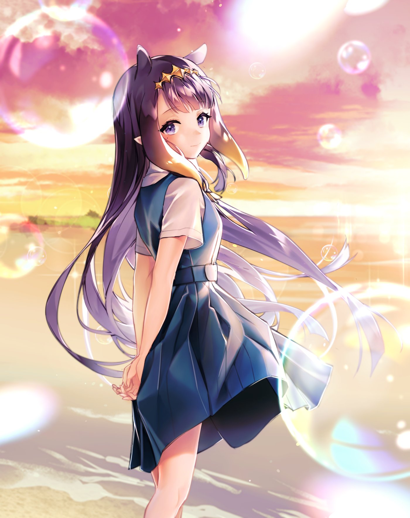 1girl, arms_behind_back, bangs, blue_dress, blunt_bangs, blunt_ends, dabi_(15dldl15), dress, highres, hololive, hololive_english, lens_flare, light_smile, long_hair, looking_at_viewer, looking_to_the_side, mole, mole_under_eye, multicolored_hair, ninomae_ina'nis, ocean, outdoors, purple_hair, shirt, shirt_under_dress, solo, sunlight, two-tone_hair, violet_eyes, virtual_youtuber, water, white_shirt