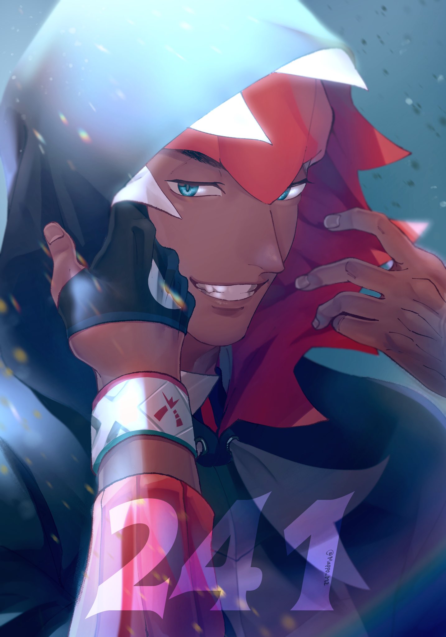 1boy, aqua_eyes, black_hoodie, commentary_request, dark-skinned_male, dark_skin, dynamax_band, gloves