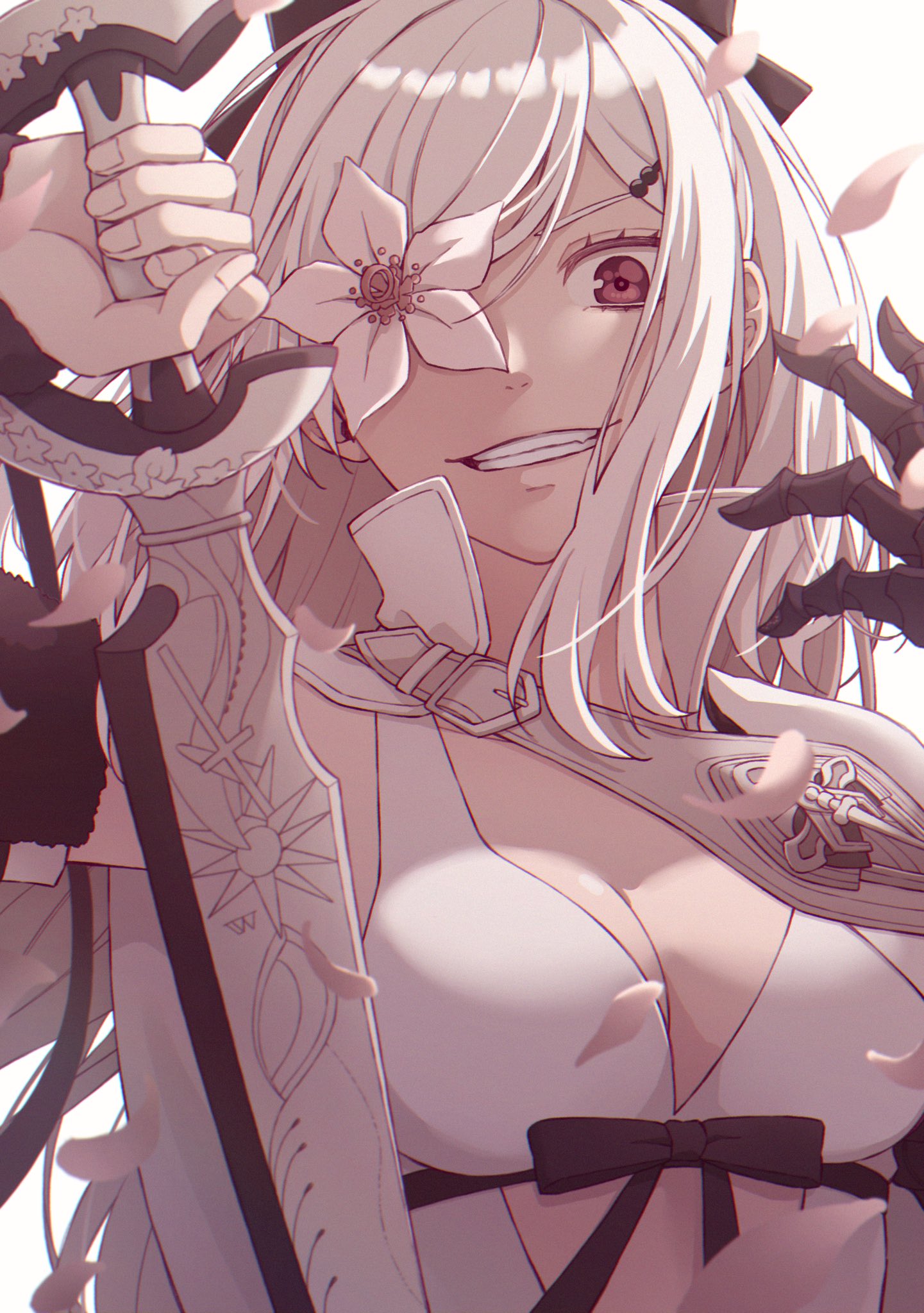 1girl, breasts, commentary_request, detached_sleeves, drag-on_dragoon, drag-on_dragoon_3, flower, hair_flower