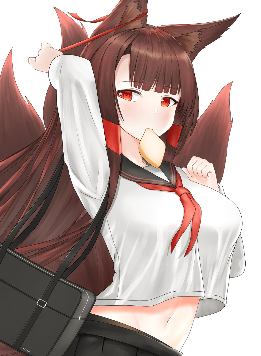 1girl, absurdres, akagi_(azur_lane), animal_ears, azur_lane, black_bag, black_skirt, bread, breasts, brown_hair, food, food_in_mouth, fox_ears, fox_girl, fox_tail, highres, japanese_clothes, large_breasts, long_hair, mouth_hold, multiple_tails, navel, red_eyes, school_uniform, shirt, simple_background, skirt, smile, tail, toast, toast_in_mouth, white_background, white_shirt, woon, yandere