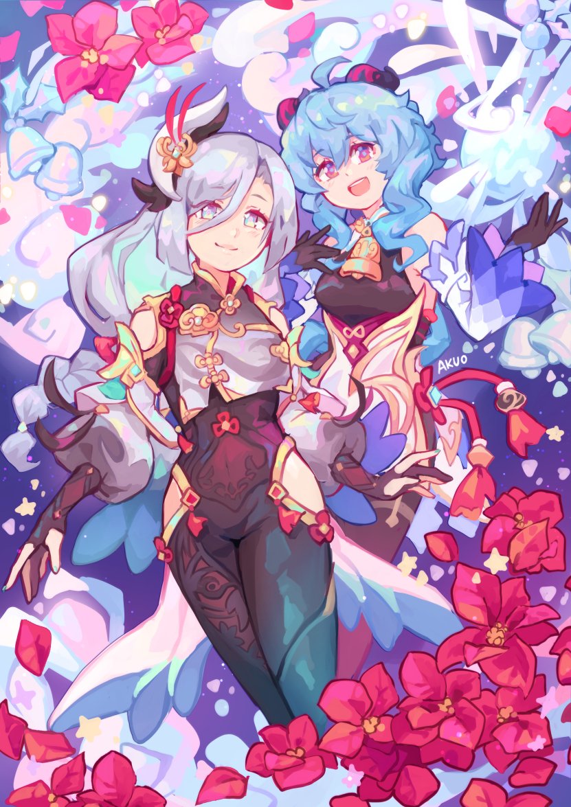2girls, ahoge, akuo, bangs, bare_shoulders, bell, black_bodysuit, black_gloves