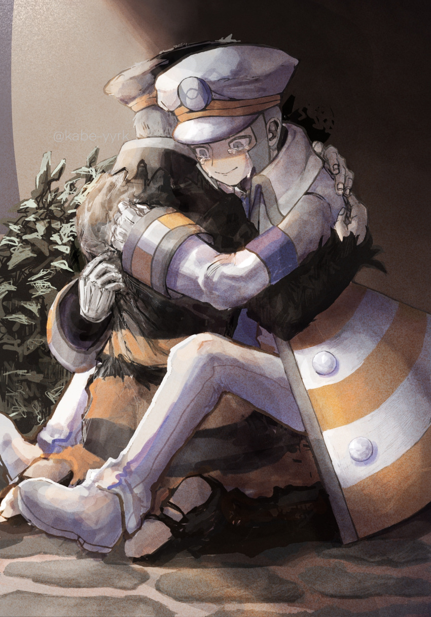 2boys, affectionate, black_coat, black_headwear, brothers, closed_mouth, coat, commentary_request, crying, emmet_(pokemon), gloves, grey_eyes, grey_hair, hat, high_collar, highres, hug, ingo_(pokemon), kabe_(ywky7533), long_sideburns, long_sleeves, male_focus, multiple_boys, pants, peaked_cap, pokemon, pokemon_(game), pokemon_bw, pokemon_legends:_arceus, shoes, short_hair, siblings, sideburns, smile, tears, trench_coat, white_coat, white_footwear, white_gloves, white_headwear, white_pants