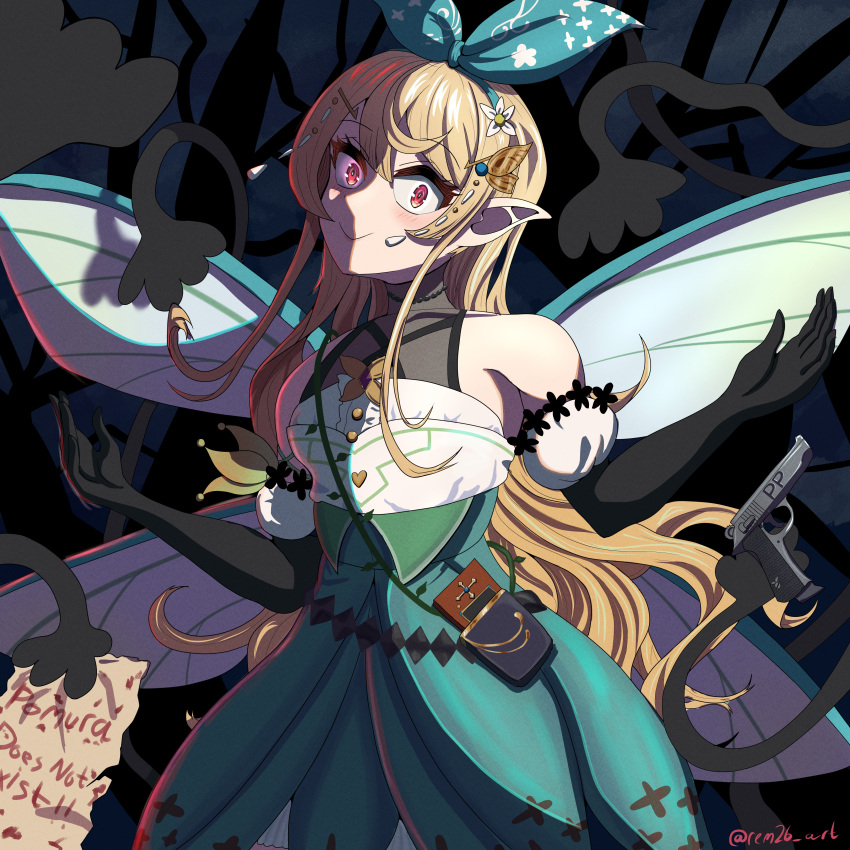 1girl, absurdres, bangs, bare_shoulders, blonde_hair, blush, bow, butterfly_hair_ornament, commentary, constricted_pupils, dress, elbow_gloves, english_commentary, english_text, fairy, fairy_wings, fyretrck26, gloves, glowing, glowing_eyes, green_dress, gun, hair_bow, hair_ornament, halloween, handgun, highres, long_arms, long_hair, looking_at_viewer, nijisanji, nijisanji_en, paper, pistol, pointy_ears, pomu_rainpuff, red_eyes, shadow, smile, solo, twitter_username, virtual_youtuber, weapon, wings