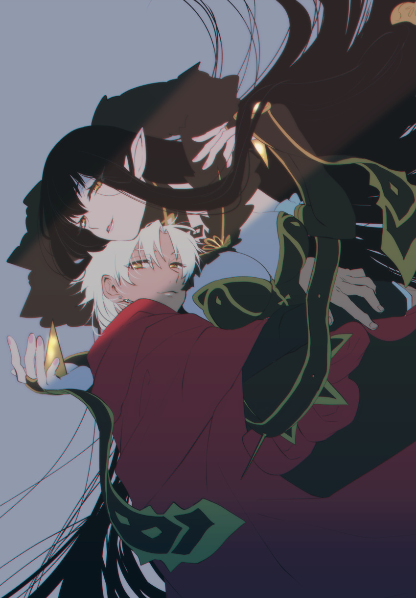 1boy, 1girl, absurdres, amakusa_shirou_(fate), black_hair, fate/grand_order, fate_(series), highres, hoicyo, long_hair, looking_at_viewer, on_floor, semiramis_(fate), short_hair, sunlight, white_hair, yellow_eyes