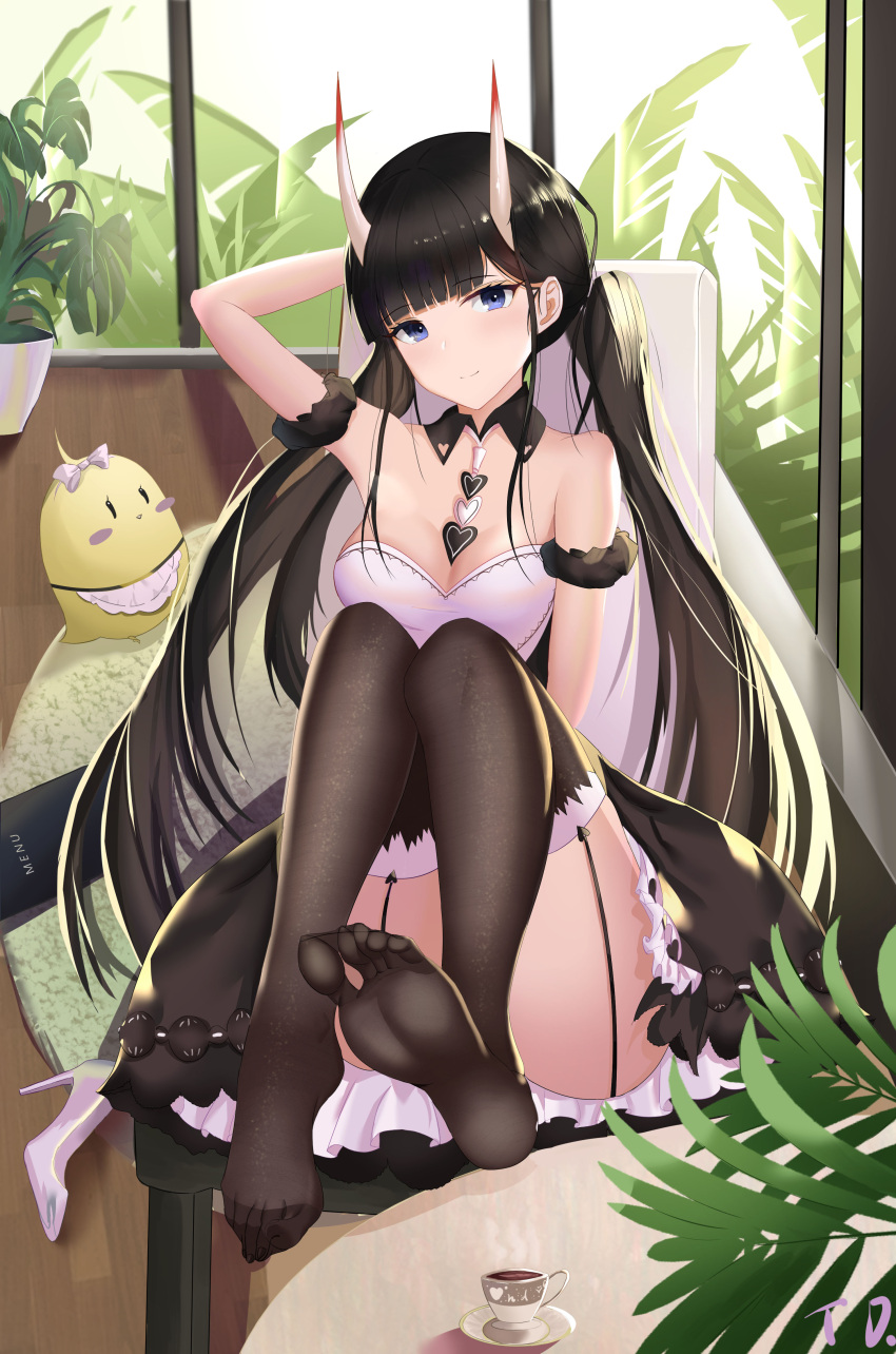 1girl, absurdres, apron, azur_lane, black_dress, black_hair, black_legwear, breasts