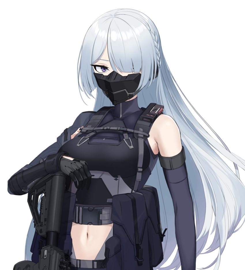 1girl, ak-15, ak-15_(girls'_frontline), assault_rifle, black_gloves, braid, breasts, clothing_cutout