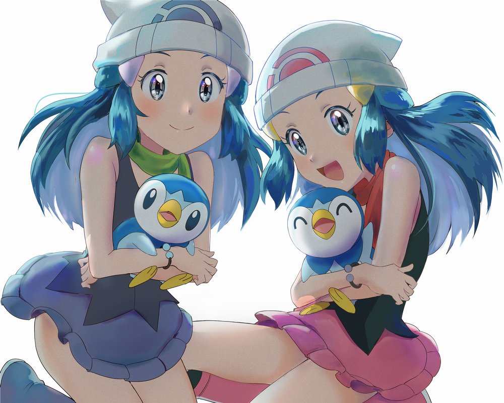 2girls, :d, beanie, black_hair, black_legwear, black_shirt, blue_hair, blush, boots, bracelet, closed_mouth, commentary_request, eyelashes, green_scarf, grey_eyes, hair_ornament, hairclip, hat, hikari_(pokemon), holding, holding_pokemon, jewelry, kneehighs, long_hair, matsuno_opa, multiple_girls, open_mouth, piplup, pokemon, pokemon_(anime), pokemon_(creature), pokemon_swsh_(anime), red_scarf, scarf, shirt, sidelocks, skirt, sleeveless, sleeveless_shirt, smile, tongue, white_headwear